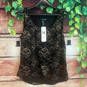 Lauren Ralph Lauren Blouse Top 8 Sleeveless Floral Gold New Year Lined Workwear
